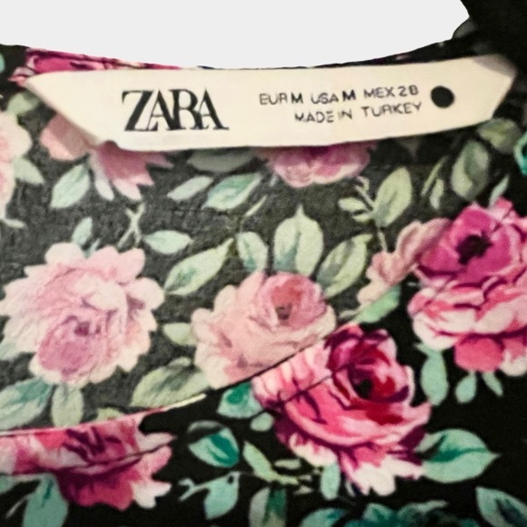 Zara Black Pink Floral Puff Long Sleeve Mini Bodycon High Waist Dress Medium - Picture 4 of 8